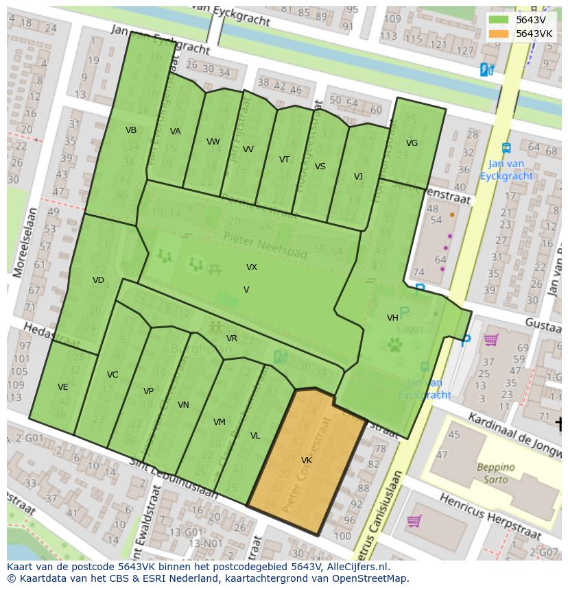 Afbeelding van het postcodegebied 5643 VK op de kaart.