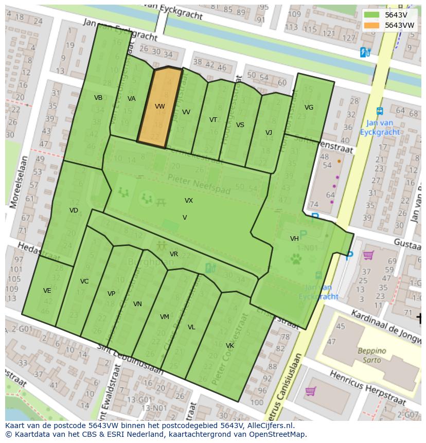 Afbeelding van het postcodegebied 5643 VW op de kaart.