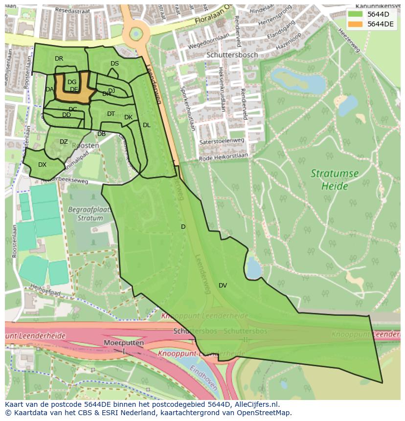 Afbeelding van het postcodegebied 5644 DE op de kaart.