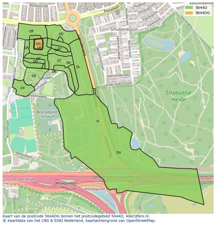 Afbeelding van het postcodegebied 5644 DG op de kaart.