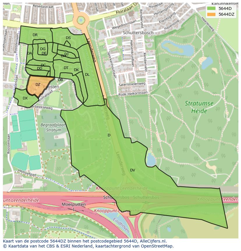 Afbeelding van het postcodegebied 5644 DZ op de kaart.