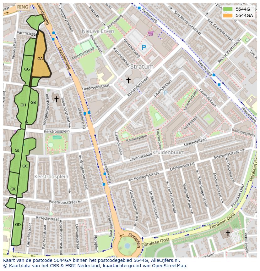Afbeelding van het postcodegebied 5644 GA op de kaart.