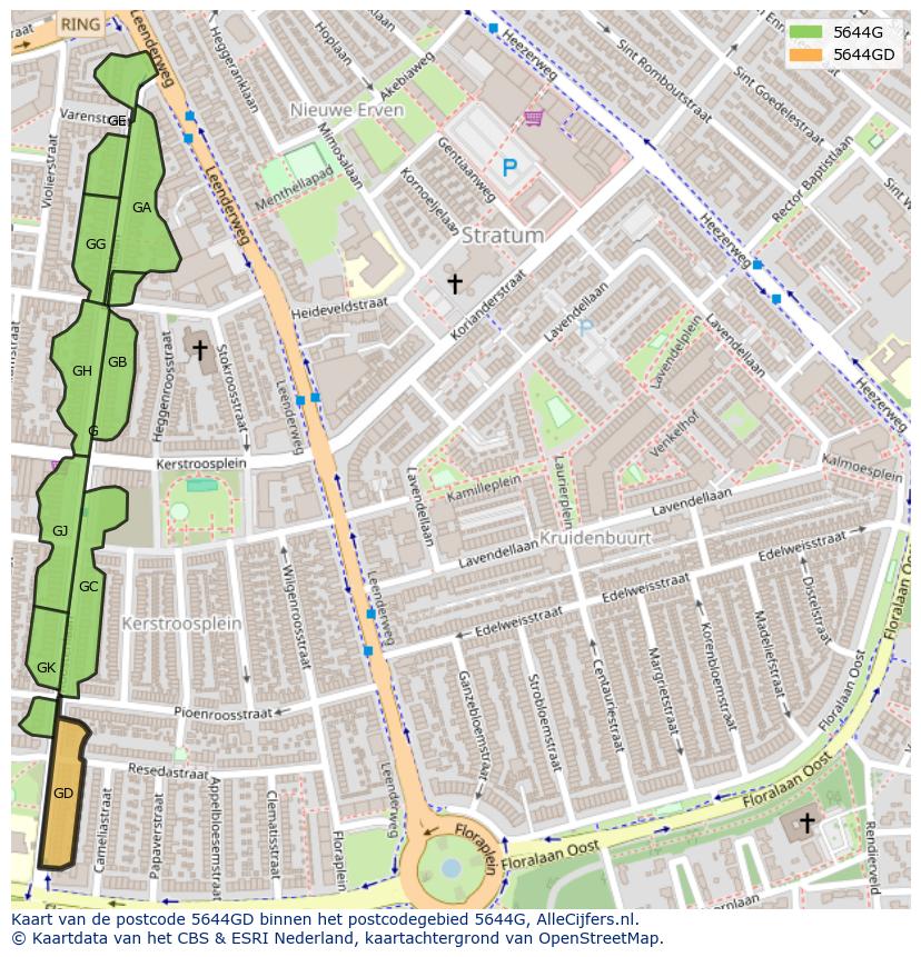 Afbeelding van het postcodegebied 5644 GD op de kaart.