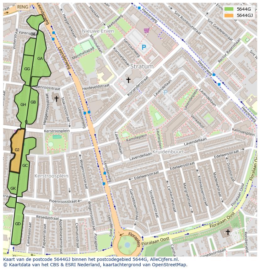 Afbeelding van het postcodegebied 5644 GJ op de kaart.