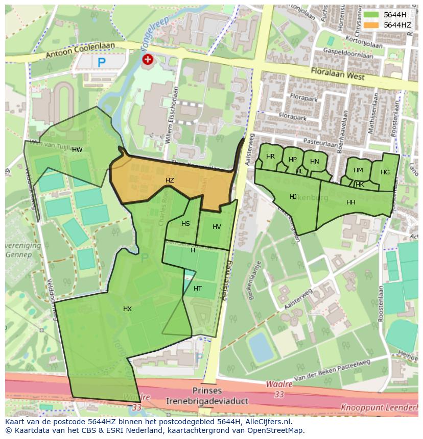 Afbeelding van het postcodegebied 5644 HZ op de kaart.