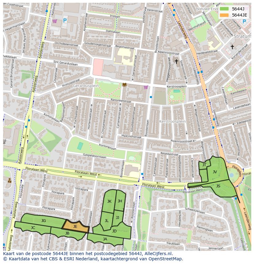 Afbeelding van het postcodegebied 5644 JE op de kaart.