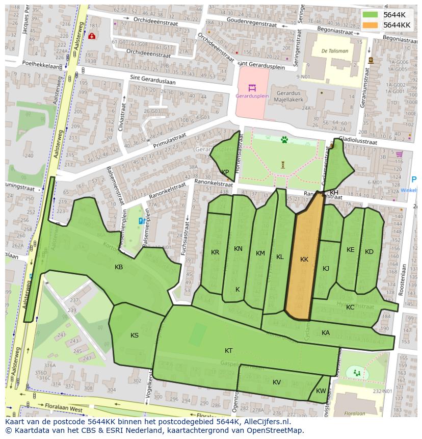 Afbeelding van het postcodegebied 5644 KK op de kaart.
