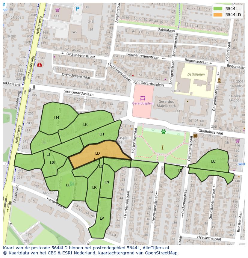 Afbeelding van het postcodegebied 5644 LD op de kaart.