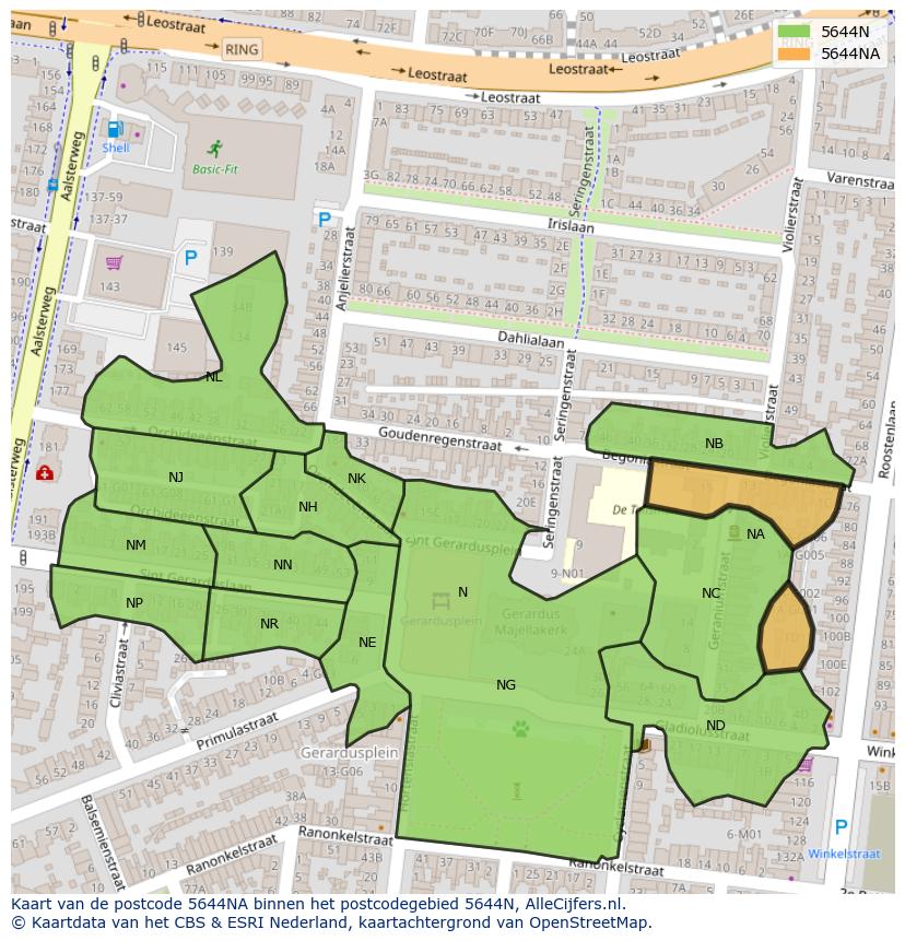 Afbeelding van het postcodegebied 5644 NA op de kaart.