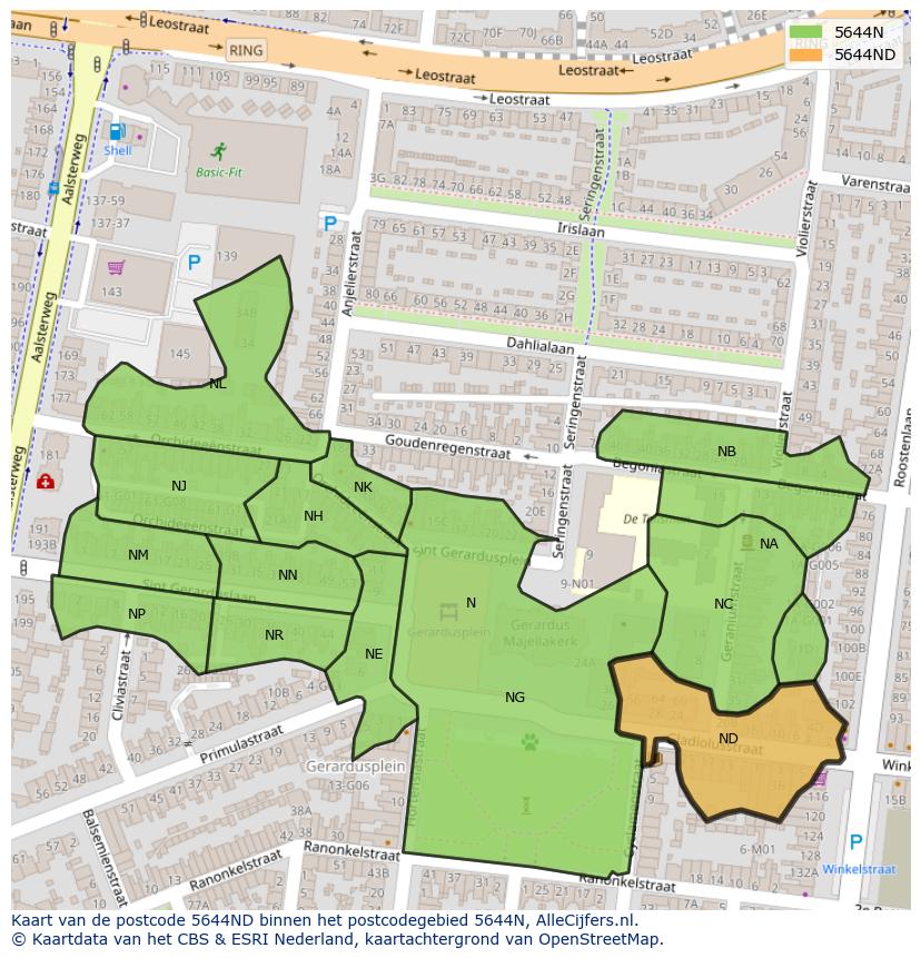 Afbeelding van het postcodegebied 5644 ND op de kaart.