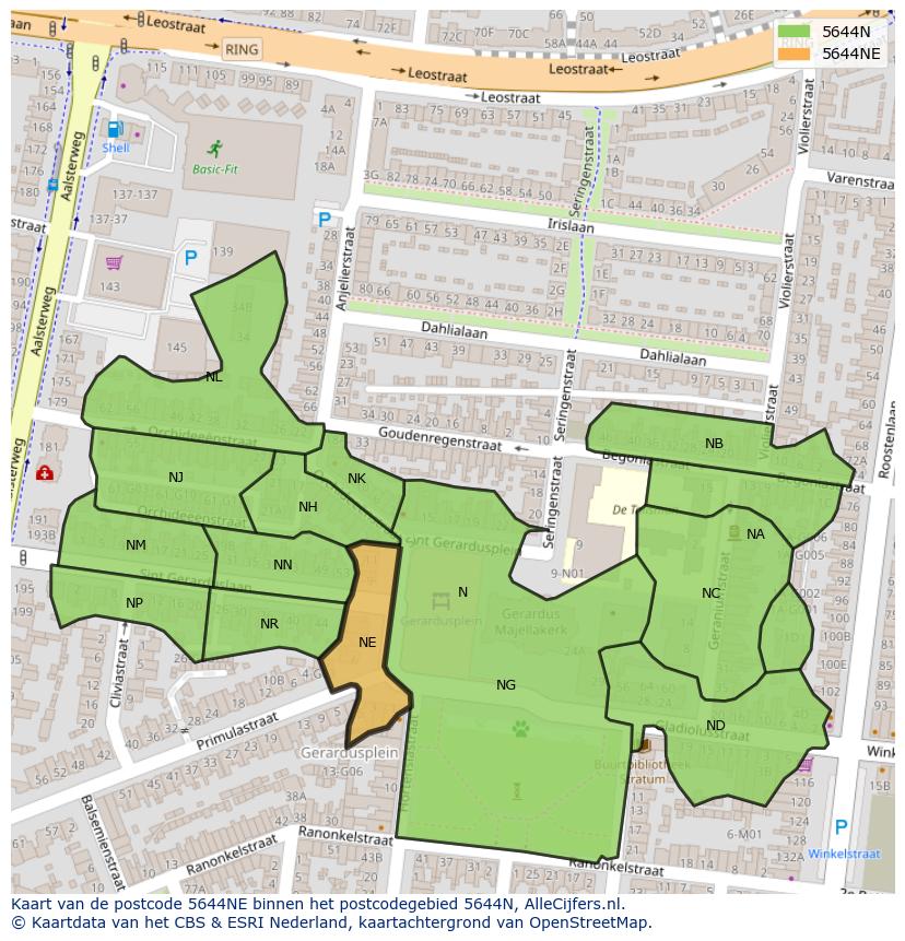 Afbeelding van het postcodegebied 5644 NE op de kaart.
