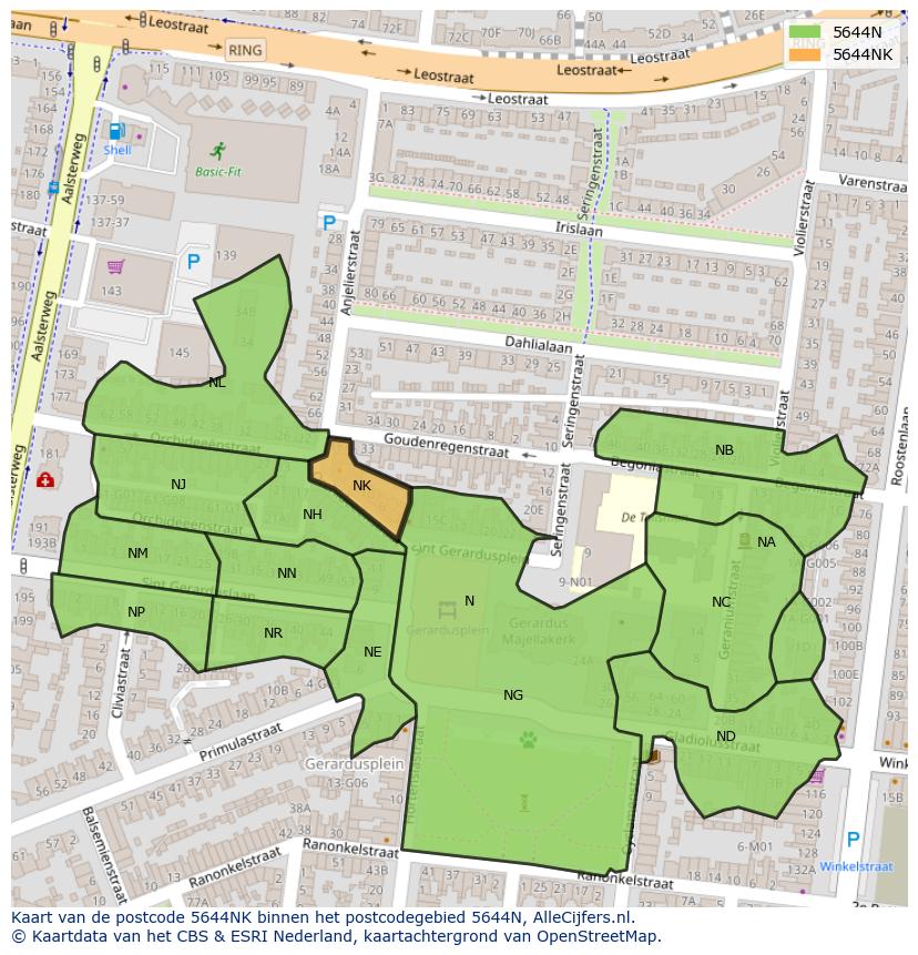 Afbeelding van het postcodegebied 5644 NK op de kaart.