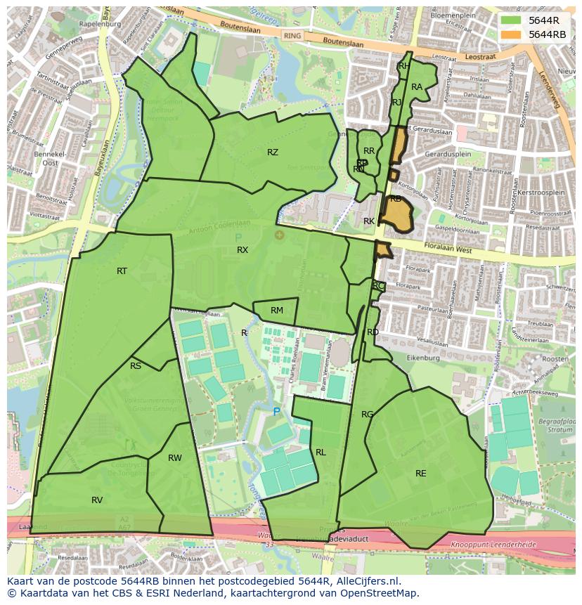 Afbeelding van het postcodegebied 5644 RB op de kaart.