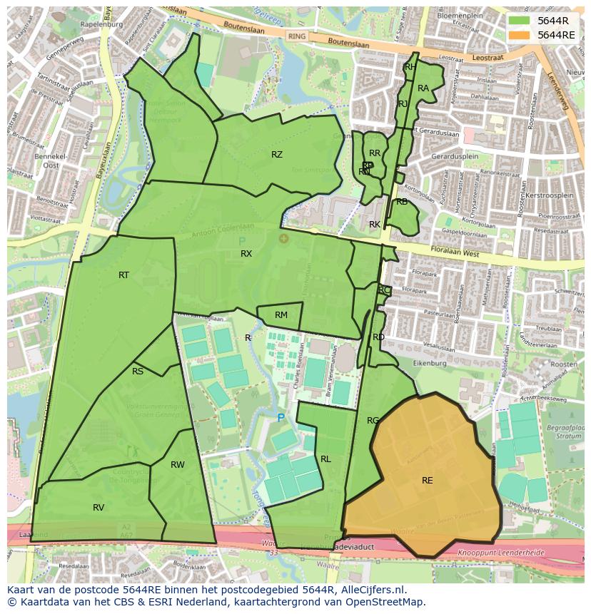 Afbeelding van het postcodegebied 5644 RE op de kaart.