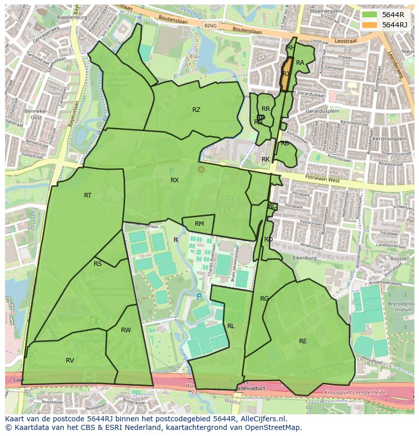 Afbeelding van het postcodegebied 5644 RJ op de kaart.