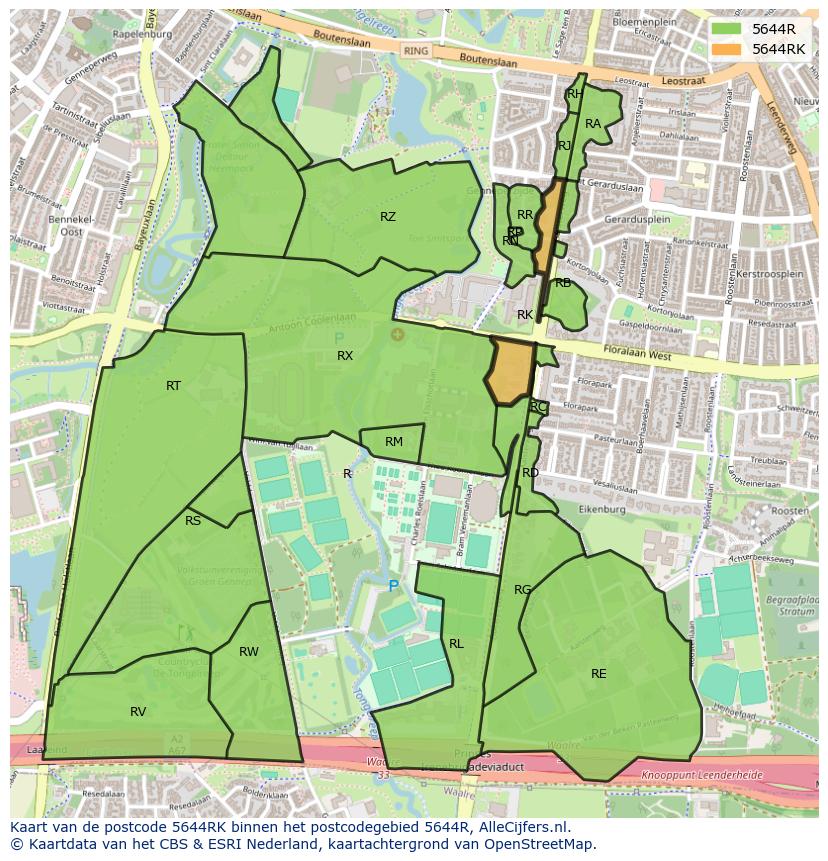 Afbeelding van het postcodegebied 5644 RK op de kaart.