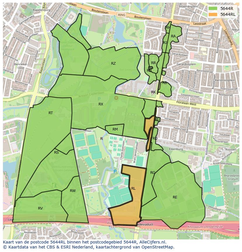 Afbeelding van het postcodegebied 5644 RL op de kaart.
