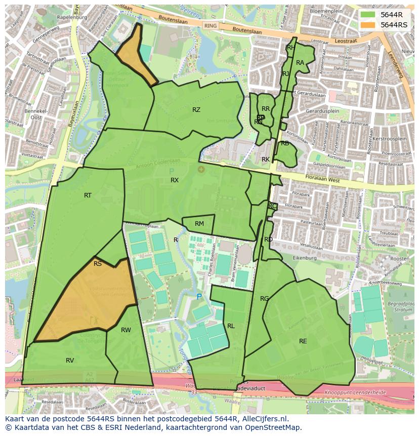 Afbeelding van het postcodegebied 5644 RS op de kaart.