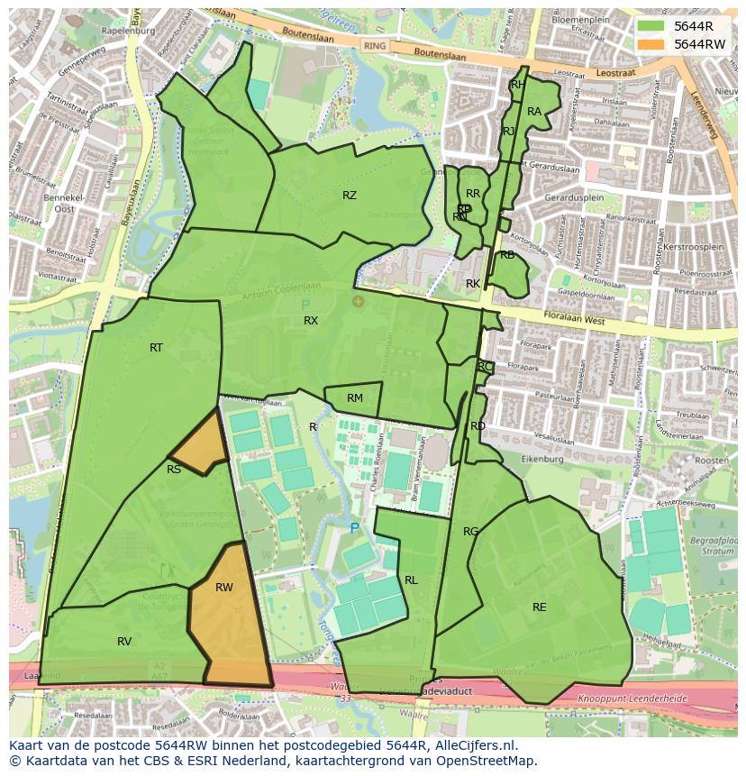Afbeelding van het postcodegebied 5644 RW op de kaart.