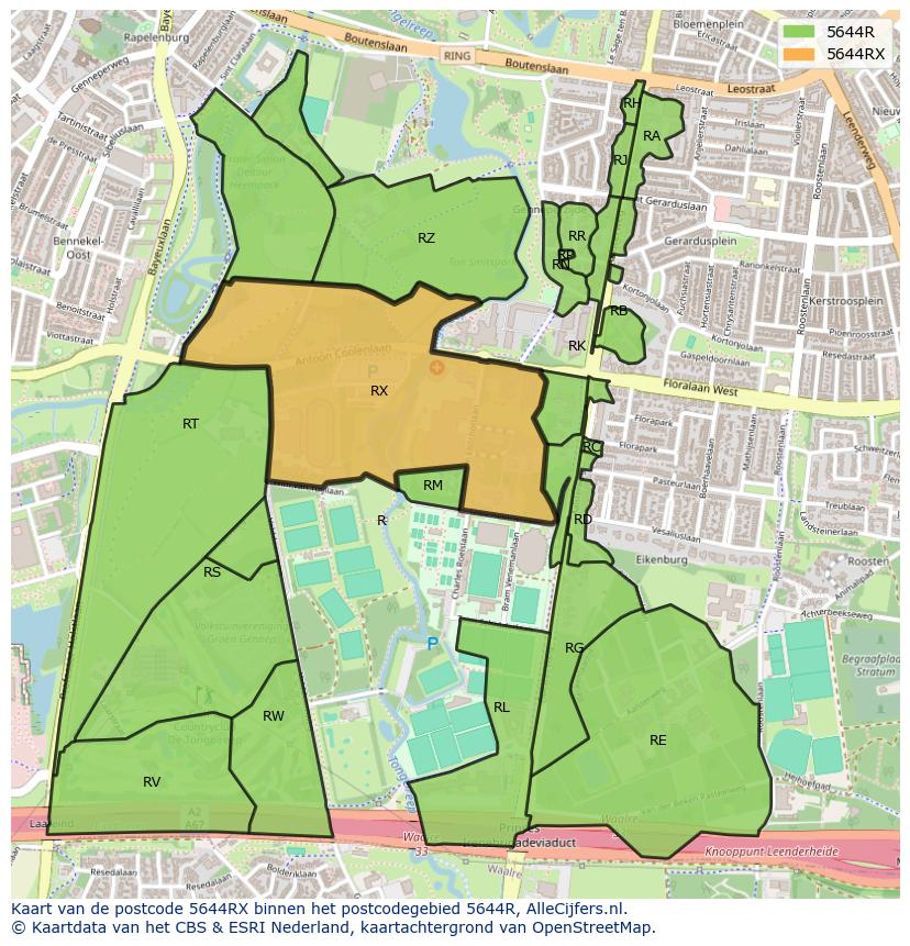 Afbeelding van het postcodegebied 5644 RX op de kaart.
