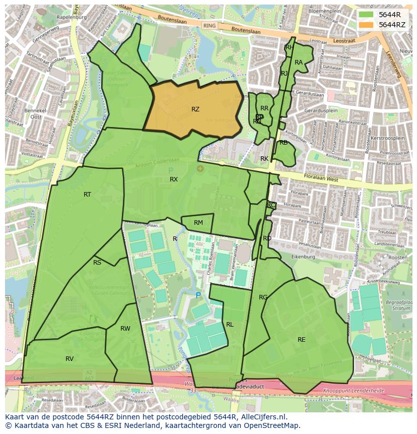 Afbeelding van het postcodegebied 5644 RZ op de kaart.
