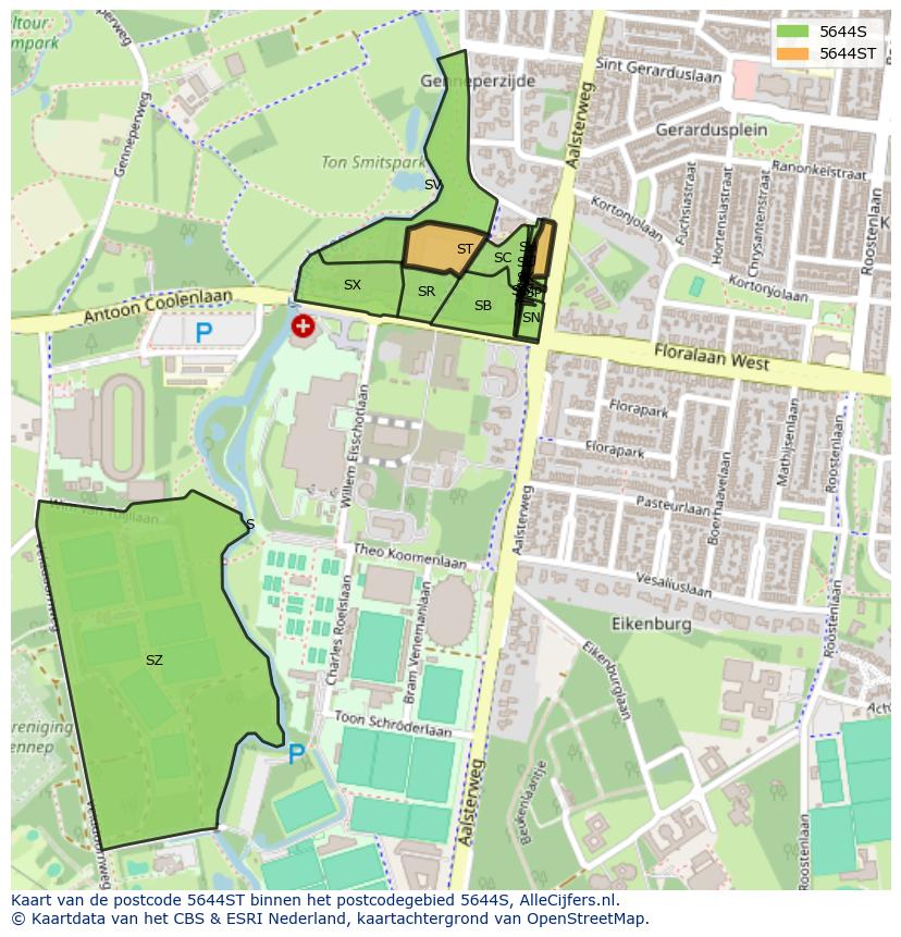 Afbeelding van het postcodegebied 5644 ST op de kaart.
