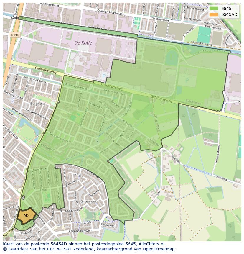 Afbeelding van het postcodegebied 5645 AD op de kaart.