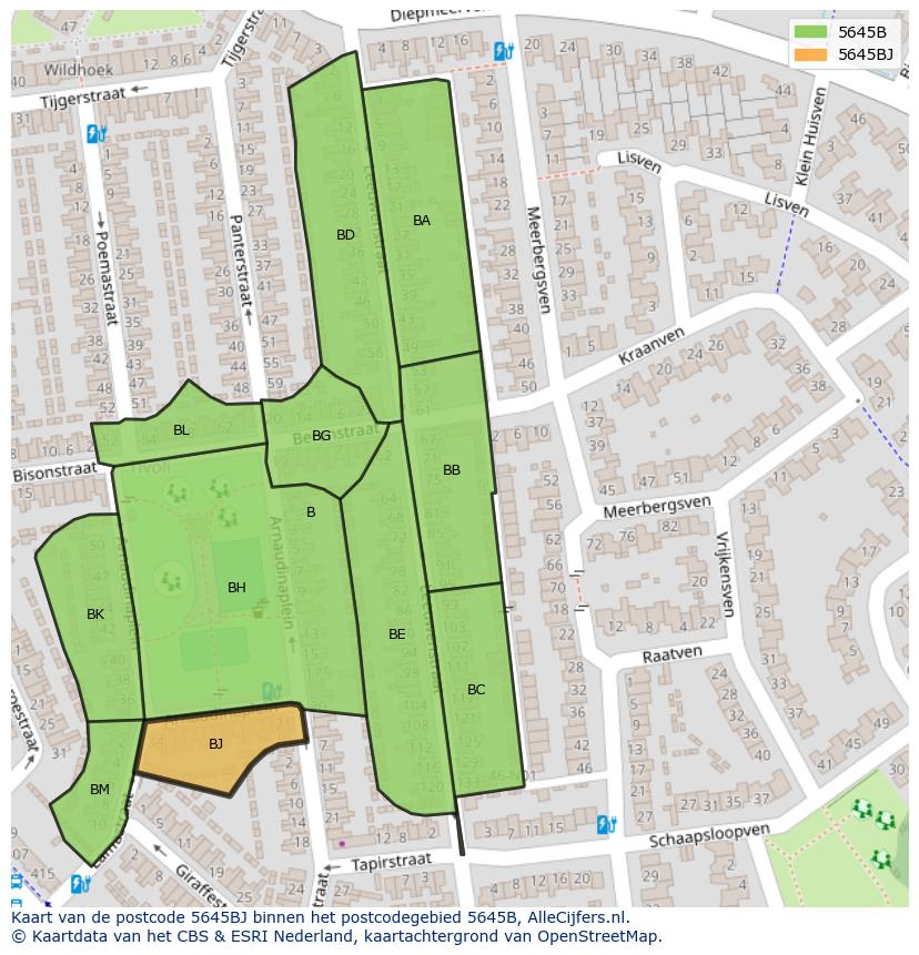 Afbeelding van het postcodegebied 5645 BJ op de kaart.