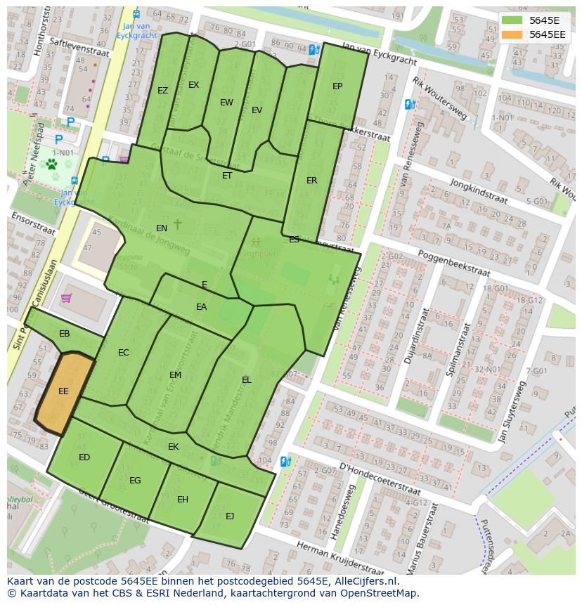 Afbeelding van het postcodegebied 5645 EE op de kaart.