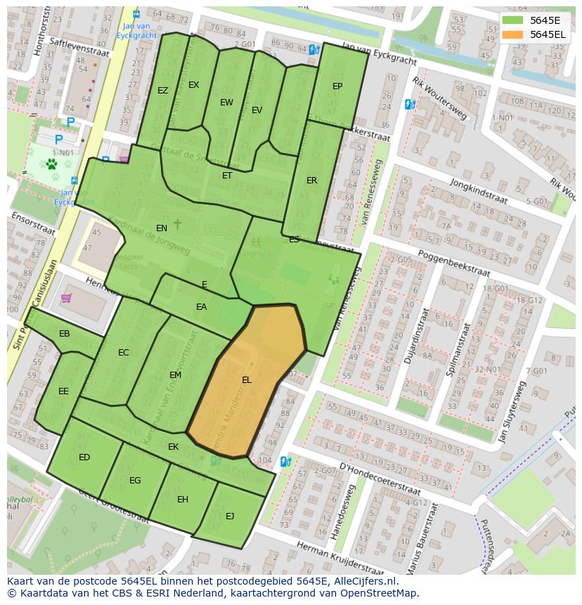 Afbeelding van het postcodegebied 5645 EL op de kaart.