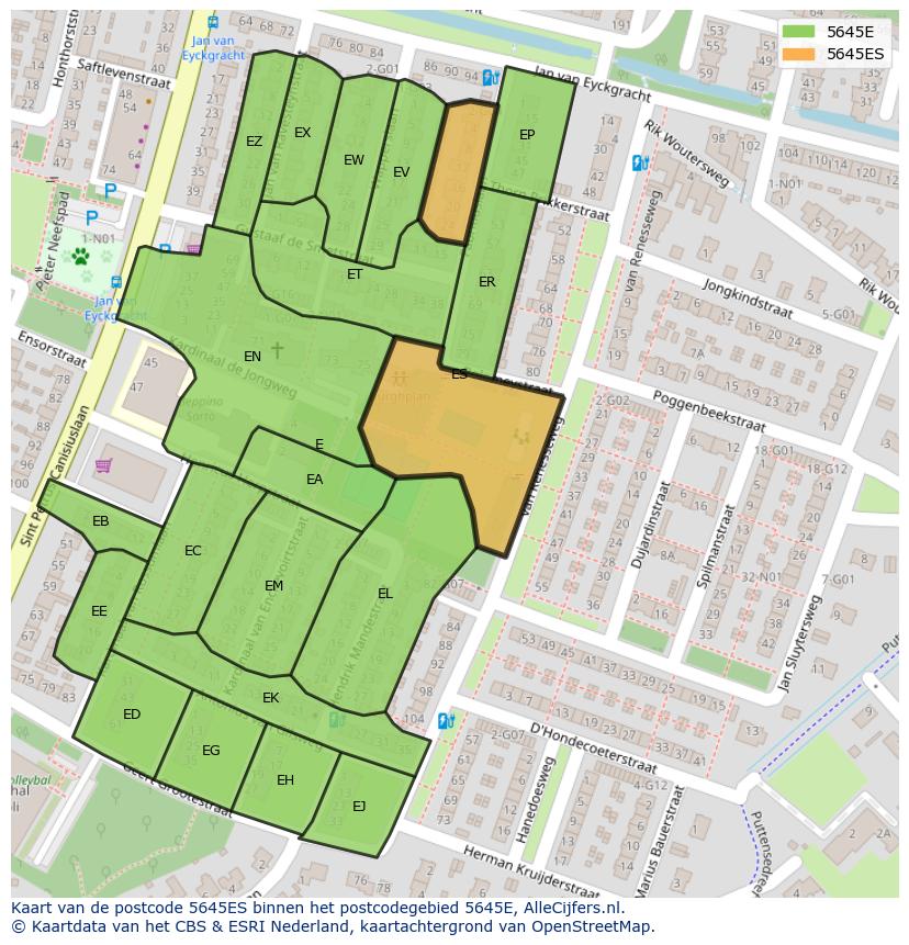 Afbeelding van het postcodegebied 5645 ES op de kaart.