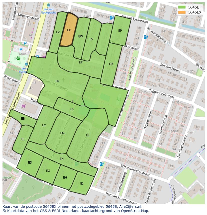 Afbeelding van het postcodegebied 5645 EX op de kaart.