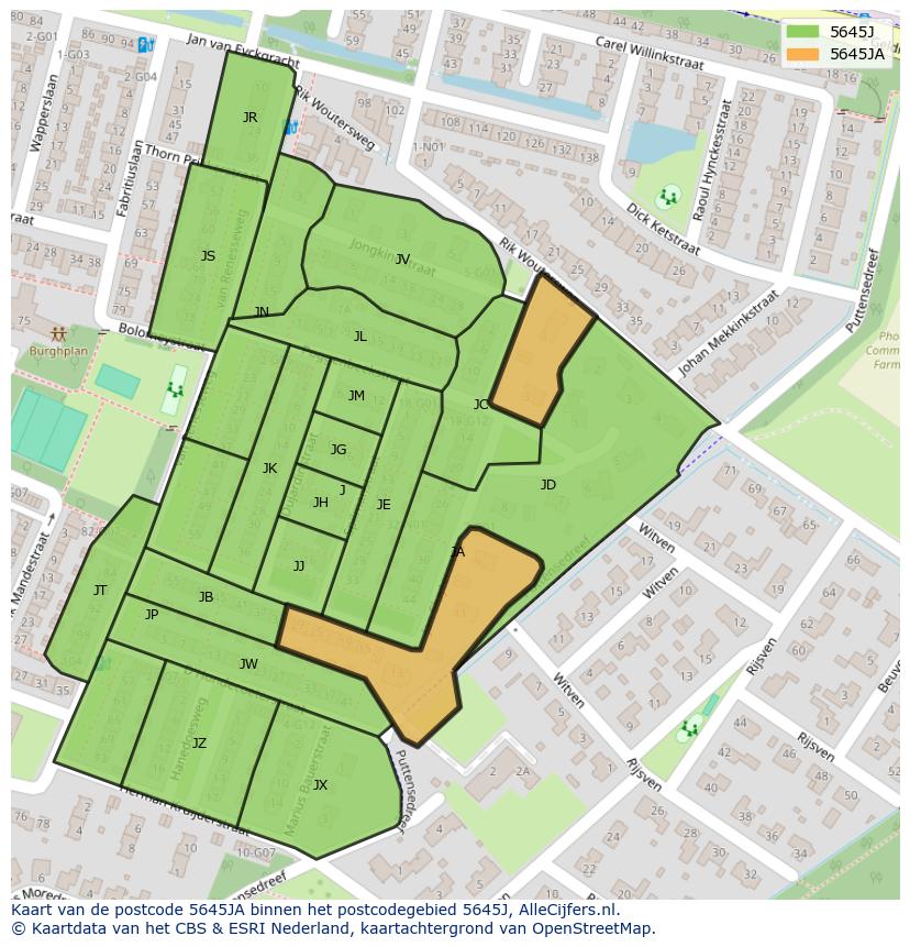 Afbeelding van het postcodegebied 5645 JA op de kaart.