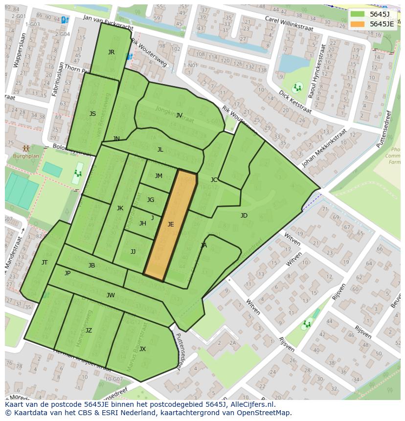 Afbeelding van het postcodegebied 5645 JE op de kaart.
