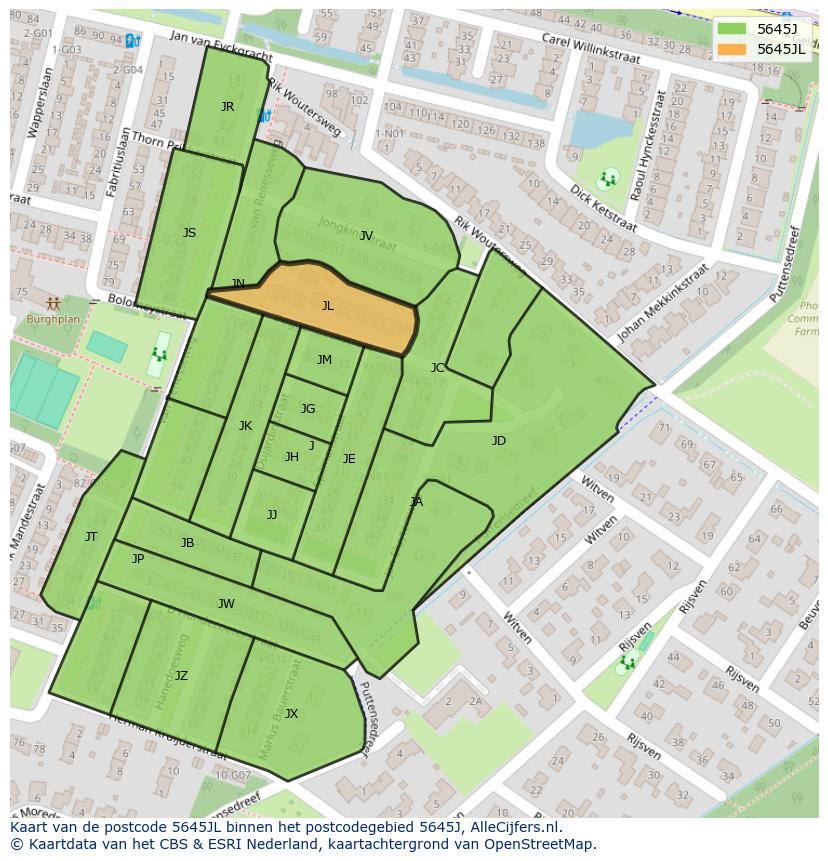 Afbeelding van het postcodegebied 5645 JL op de kaart.