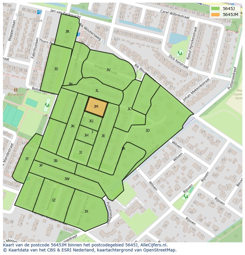 Afbeelding van het postcodegebied 5645 JM op de kaart.