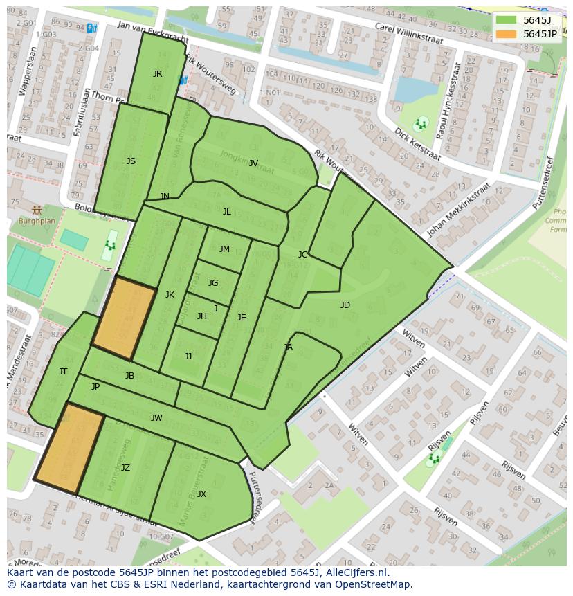 Afbeelding van het postcodegebied 5645 JP op de kaart.
