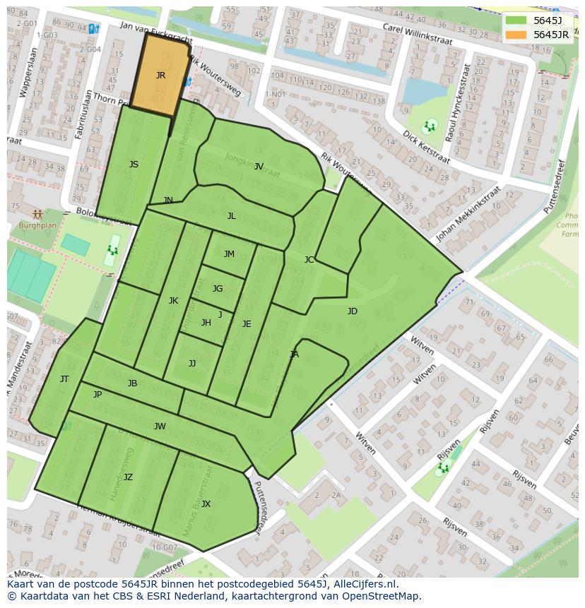 Afbeelding van het postcodegebied 5645 JR op de kaart.