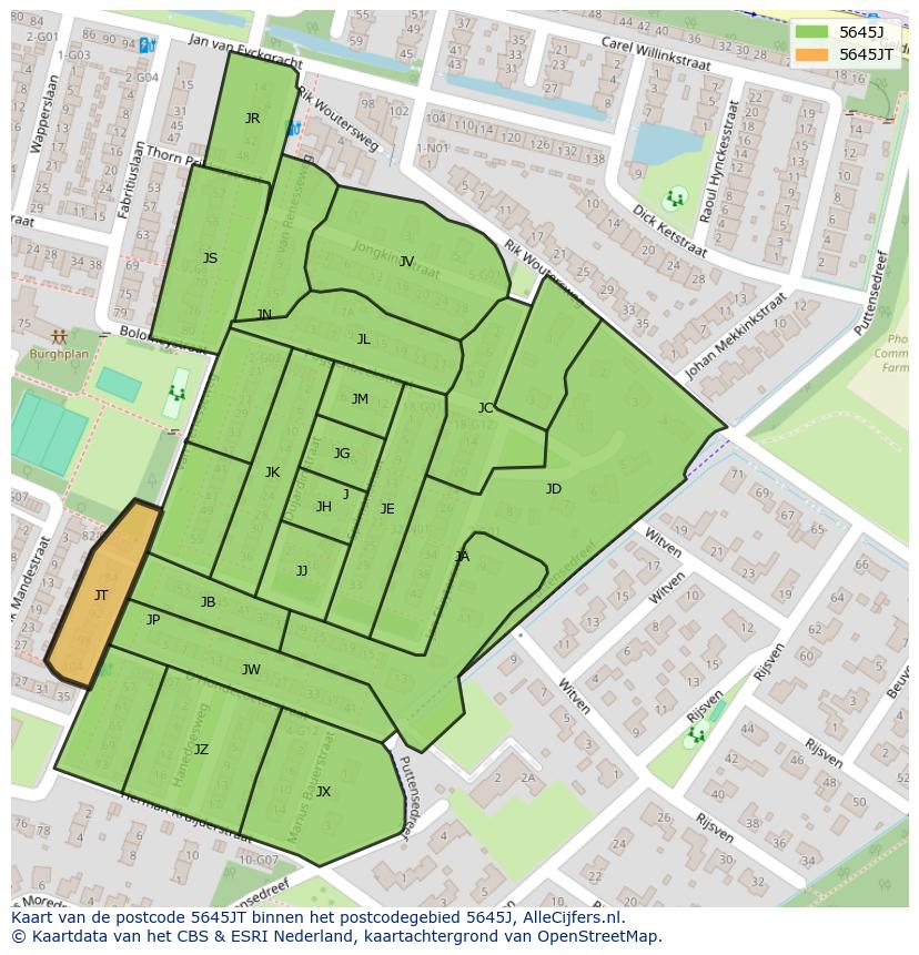 Afbeelding van het postcodegebied 5645 JT op de kaart.