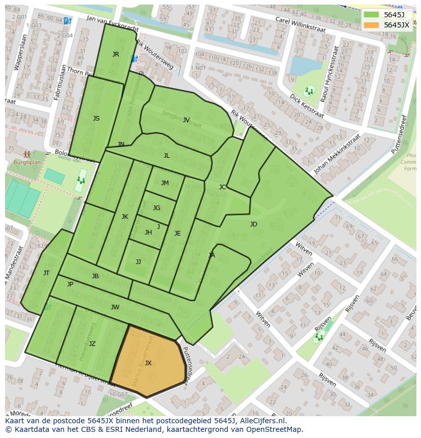 Afbeelding van het postcodegebied 5645 JX op de kaart.