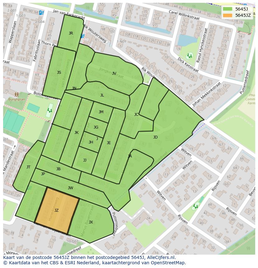 Afbeelding van het postcodegebied 5645 JZ op de kaart.