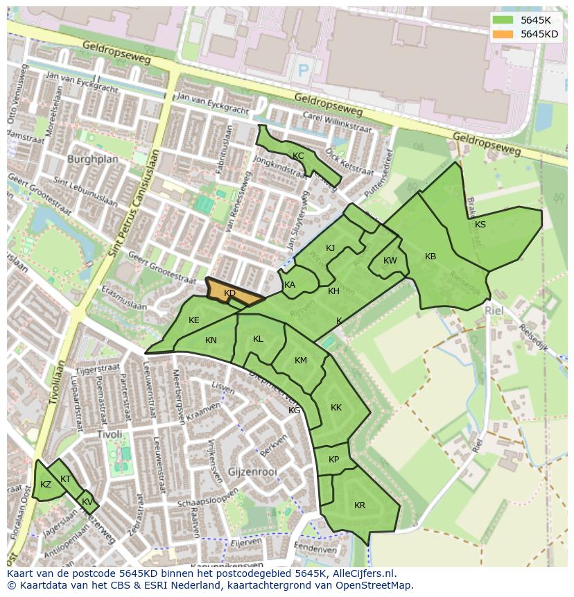Afbeelding van het postcodegebied 5645 KD op de kaart.