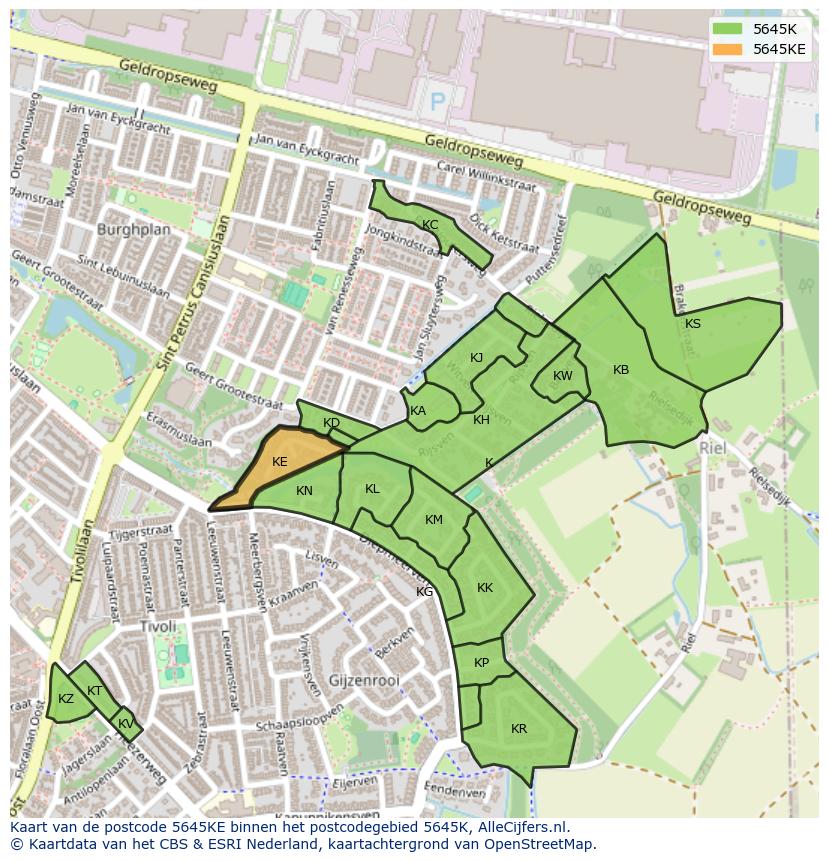 Afbeelding van het postcodegebied 5645 KE op de kaart.