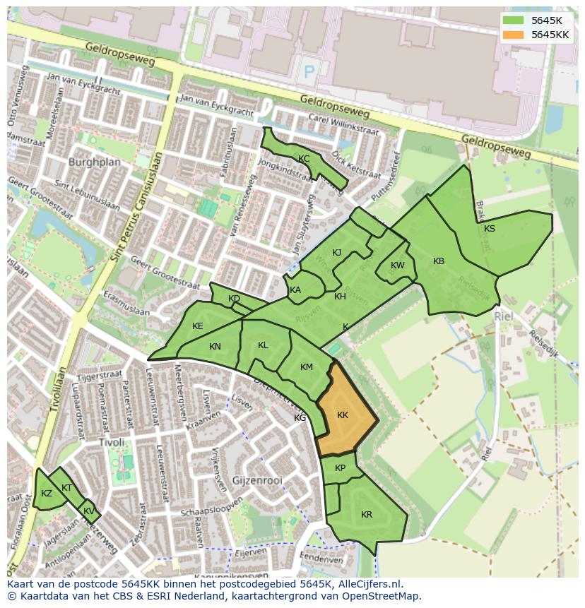 Afbeelding van het postcodegebied 5645 KK op de kaart.