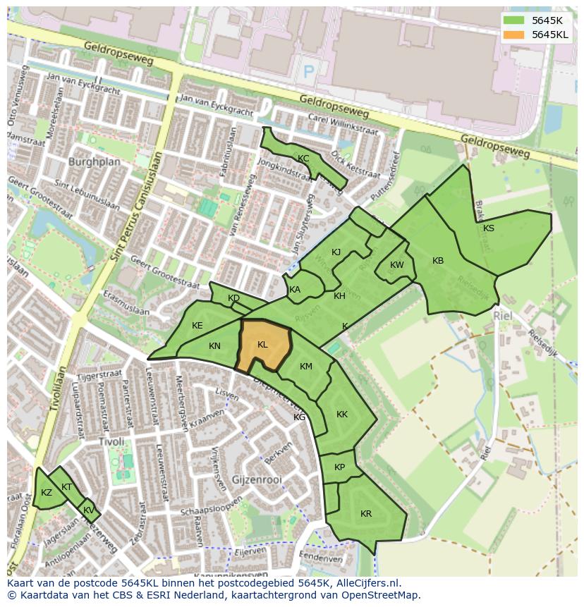 Afbeelding van het postcodegebied 5645 KL op de kaart.
