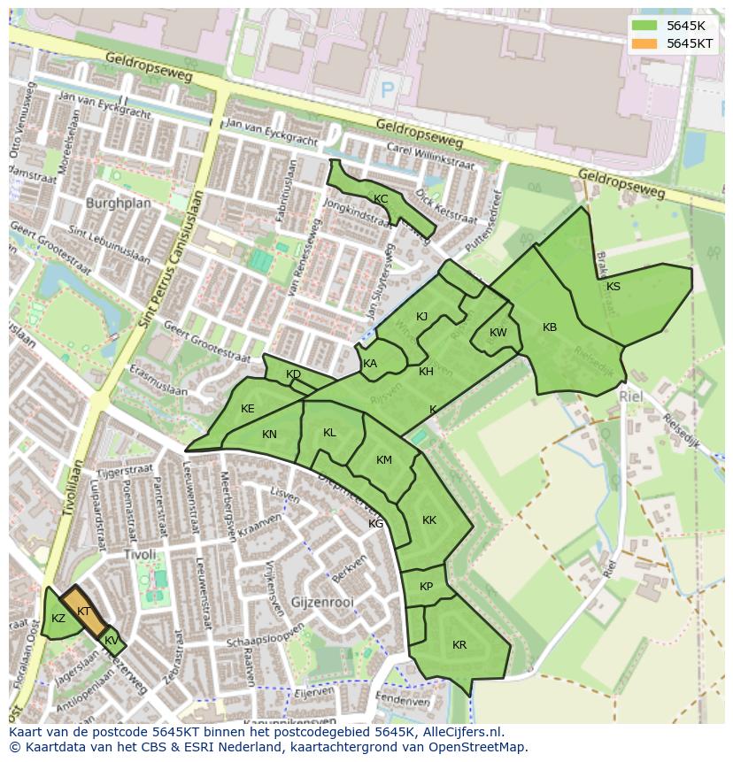 Afbeelding van het postcodegebied 5645 KT op de kaart.