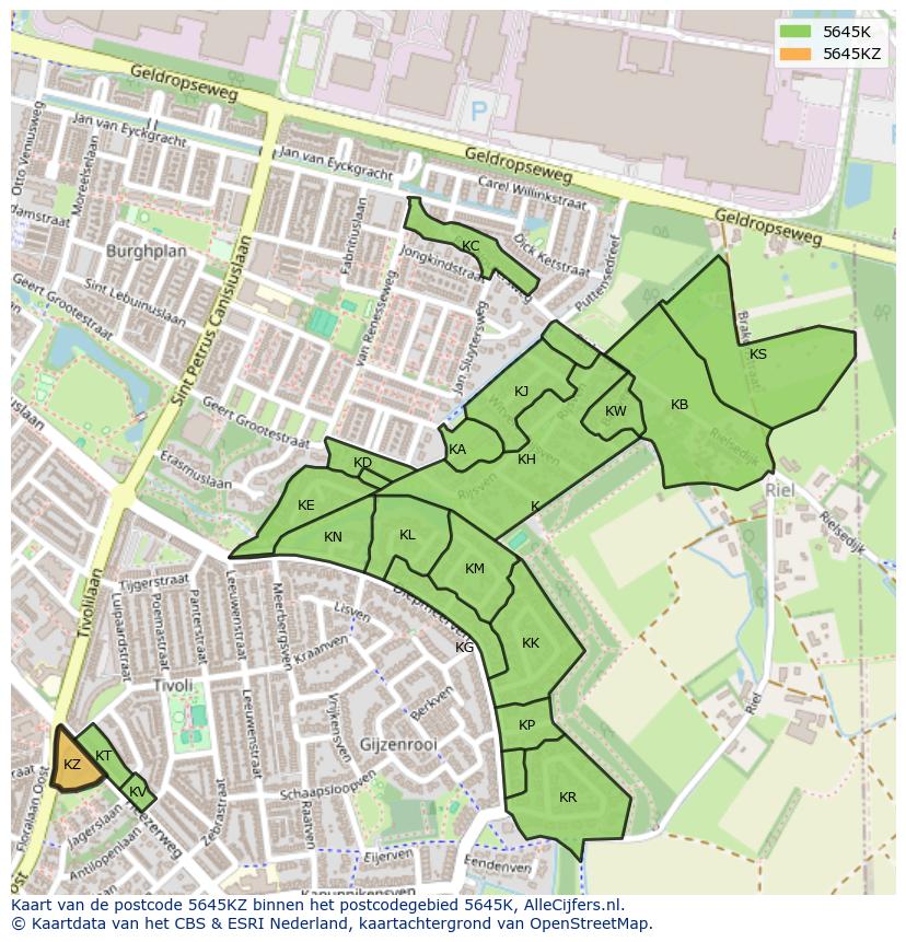 Afbeelding van het postcodegebied 5645 KZ op de kaart.