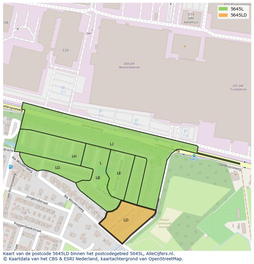 Afbeelding van het postcodegebied 5645 LD op de kaart.