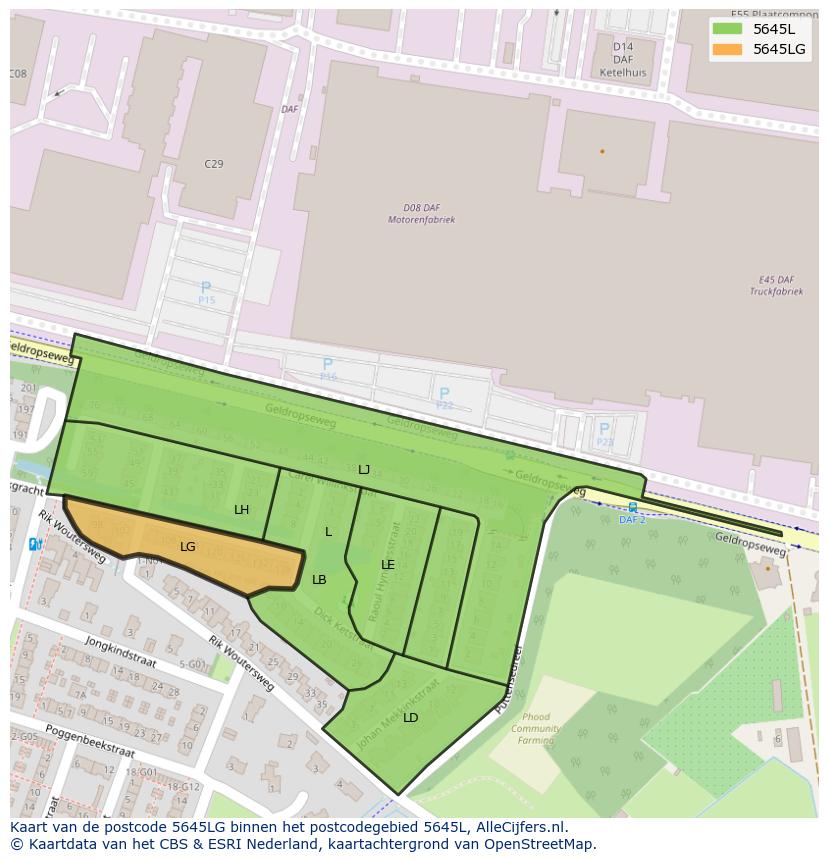 Afbeelding van het postcodegebied 5645 LG op de kaart.