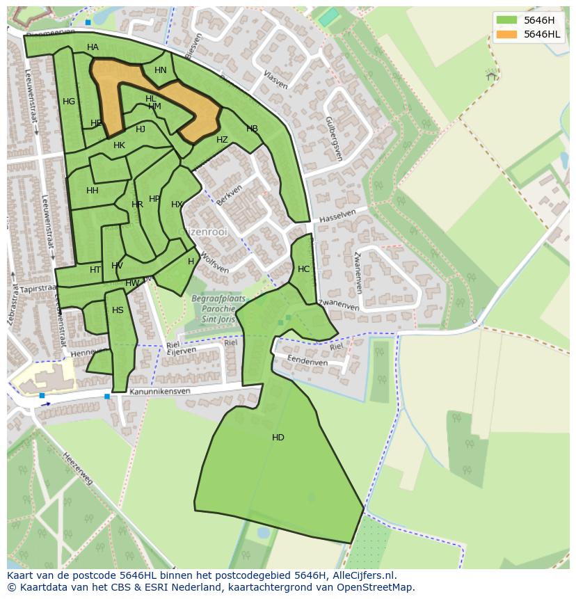 Afbeelding van het postcodegebied 5646 HL op de kaart.